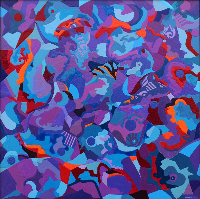 Rolando Rovati, Città di notte, mista su tavola, 100x70 cm.