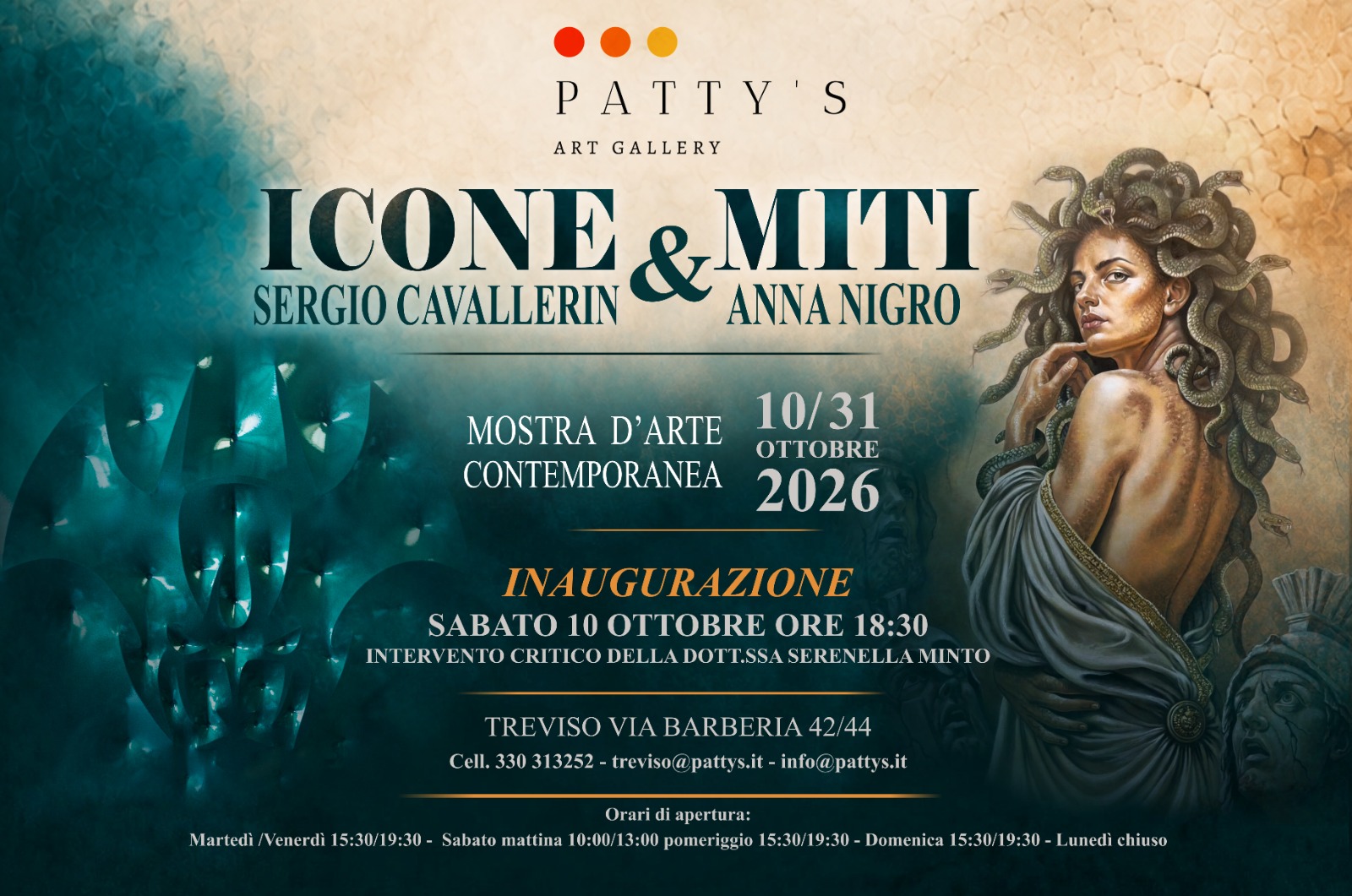Il titolo della mostra offre già la sua chiave di lettura: a Sergio Cavallerin le icone, ad Anna Nigro i miti. Due percorsi distinti, che si incontrano nella convinzione che la pittura possa ancora compiere un gesto essenziale: tornare su immagini che crediamo di conoscere e costringerci a guardarle di nuovo, con occhi nuovi.